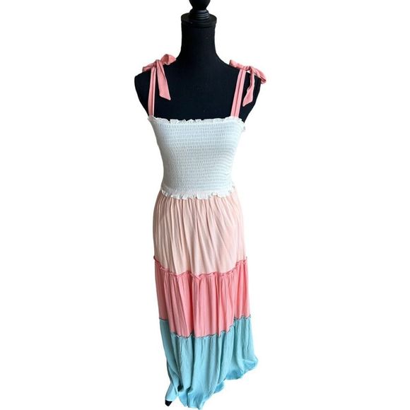 Women’s Tiered Color Block Smocked Maxi Dress-Tie Sleeves-See Description on SZ - Picture 1 of 16